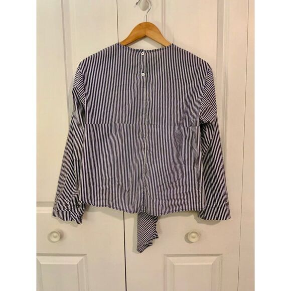 Zara Navy Blue Stripe Embroidered Tie Front Long Sleeve Top XS - Picture 6 of 10